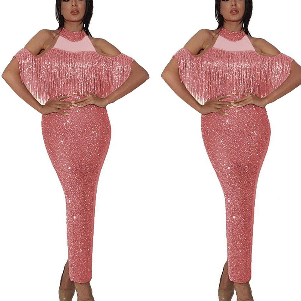 Stitching mesh split buttock dress sparkle tassel temperament elegant hanging neck off shoulder dinner dress 210416