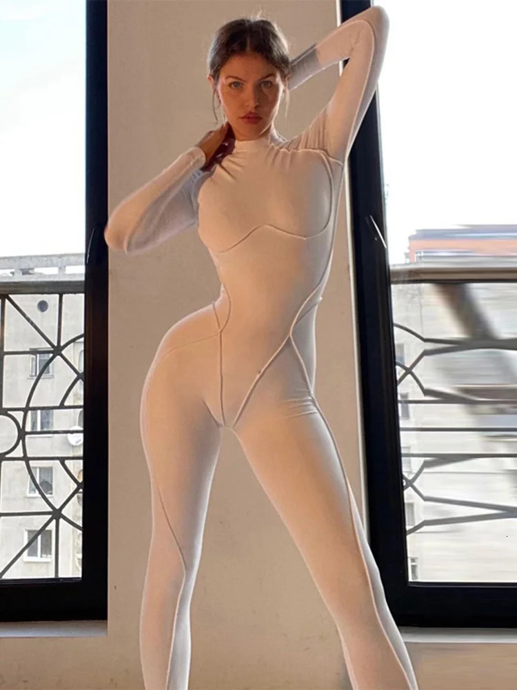 Dulzura Patchwork Women Long Sleeve Hollow Out Jumpsuit Skinny Sexy Streetwear Club Rompers Casual Autumn Winter Outfit 240129