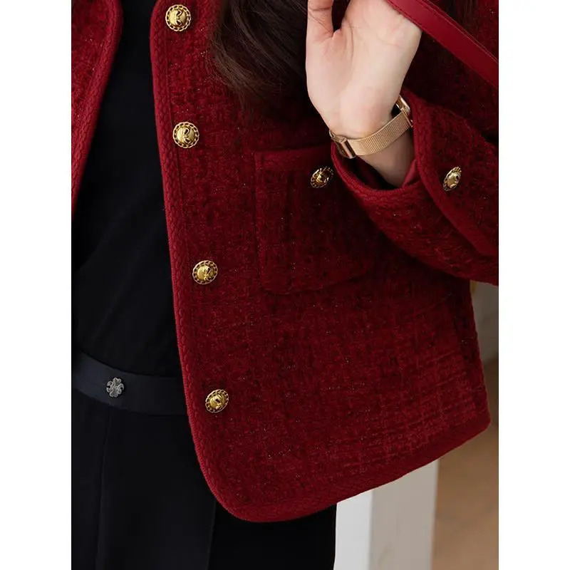 Vintage Tweed Jacket Women Autumn Red Single Breasted Short Coats Female Pockets Elegant Thickened Warm Female Lady Coat Mujer 240201