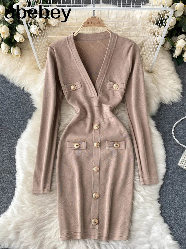 Women Knitted Pencil Dress Korean Long Sleeve V Neck Elastic Slim Dress Autumn Winter Sexy Bodycon Warm Sweater Dress 240126