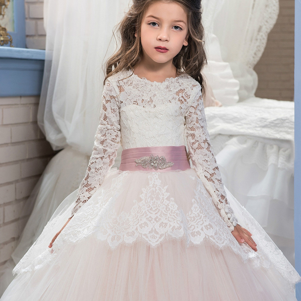 2024 Lovely pink white wer Girl Dresses Wedding Sheer Neck Ball Gown Kids Birthday Party Gowns Beaded Bow Tie Toddler Wears Lace Skirts Girls Pageant 