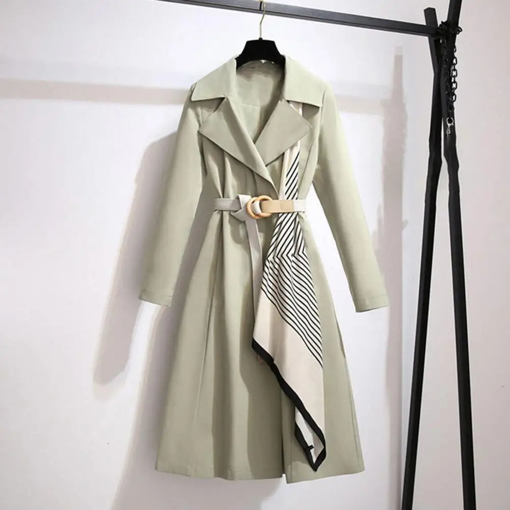 Striped Scarf Draped ALine Belt Open Stitch Lady Windbreaker Spring Autumn Large Lapel Dress Hem MidLength Outerwear 240119