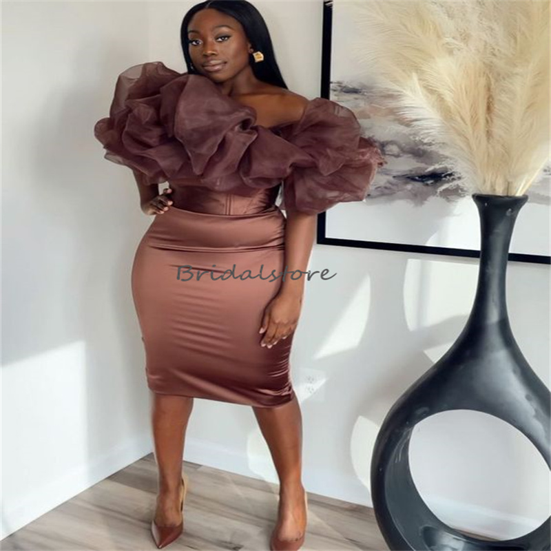 Sexy Brown Tan Evening Dress Chic Knee Length Black Girls Short Prom Dresses Sheath Organza Ruffles Graduation Cocktail Party Robe Mariee Elegant Vest