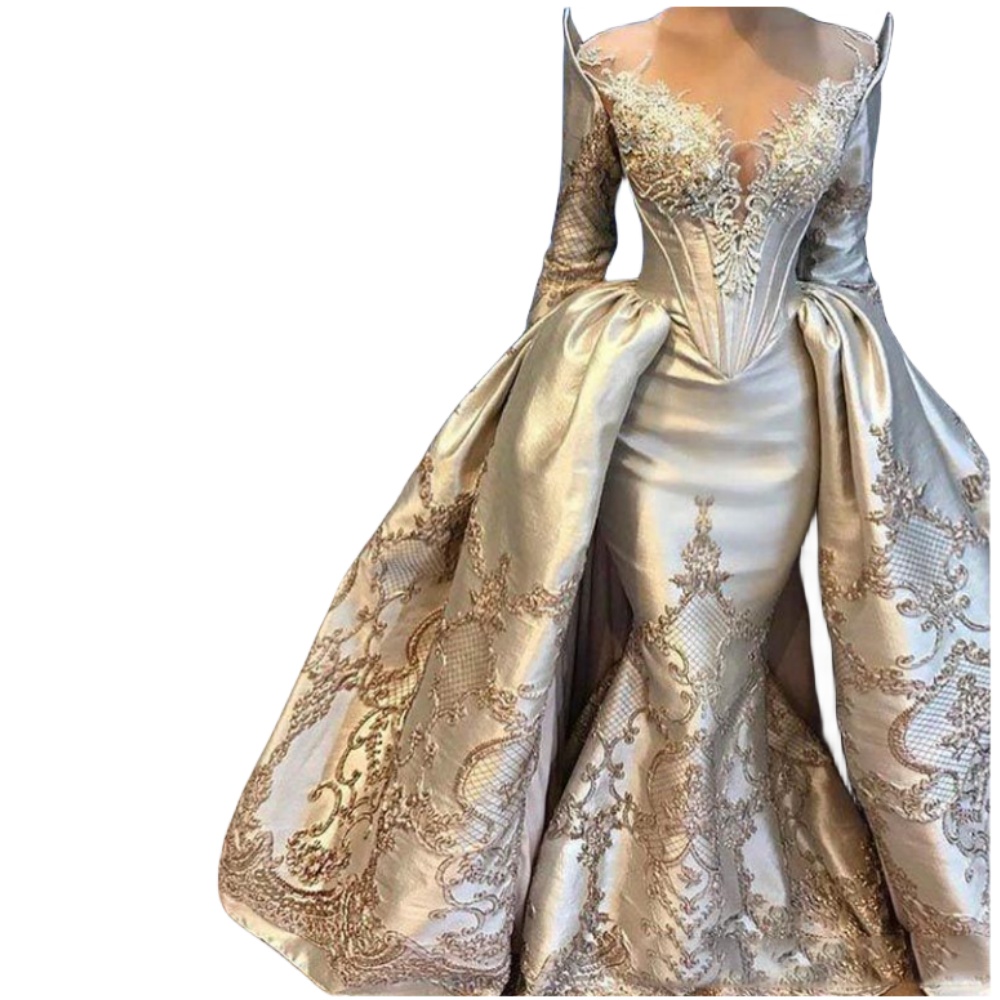 2024 Sexy Prom Dresses Jewel Neck Illusion Mermaid Plus Size Floor Length Overskirts Lace Applqieus Long Sleeves Illusion Satin Vintage Evening Gowns