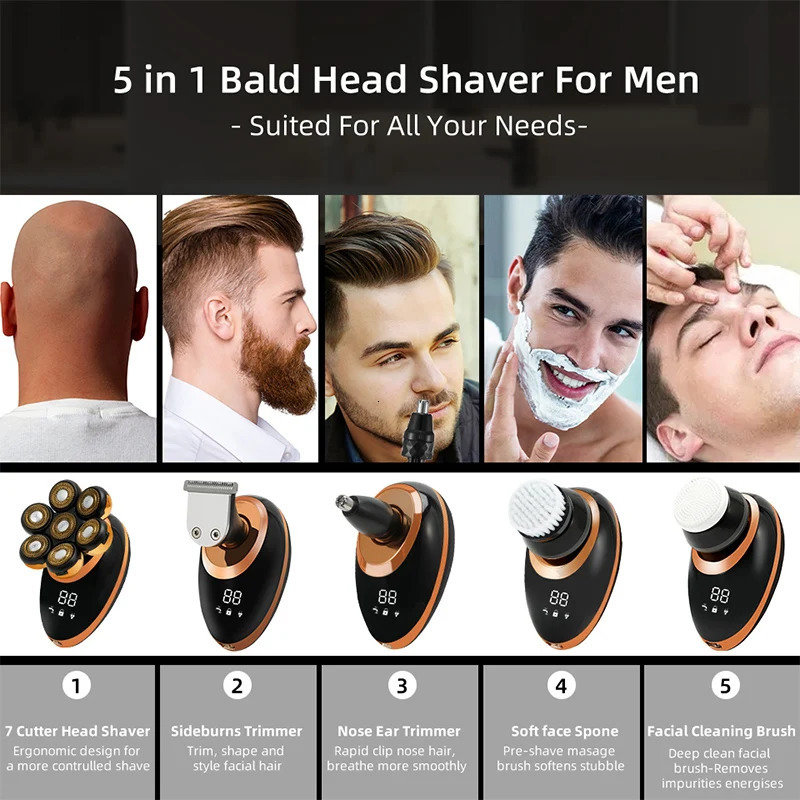 Men 7D Floating Men Electric Shaver Wet Dry Beard Hair Trimmer Electric Razor Rechargeable Bald Head Shaving Machine LCD Display 240119