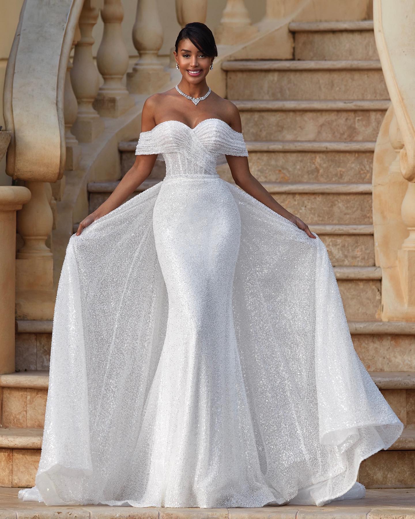 Mermaid Overskirts Wedding Dresses Off The Shoulder Shiny Tulle Bridal Gowns Sleeveless Country robes de mariee