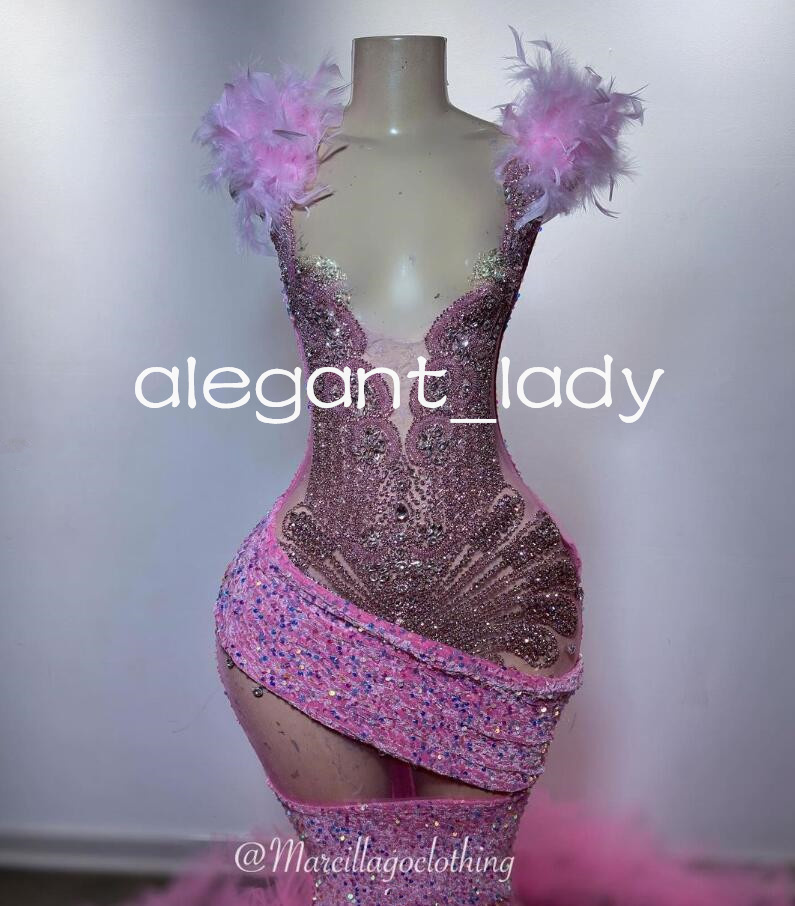 Sparkly Pink Mermaid Prom Queen Birthday Dresses for Women Luxury Diamond Crystal Feather Evening Ceremony Gown Black Girl