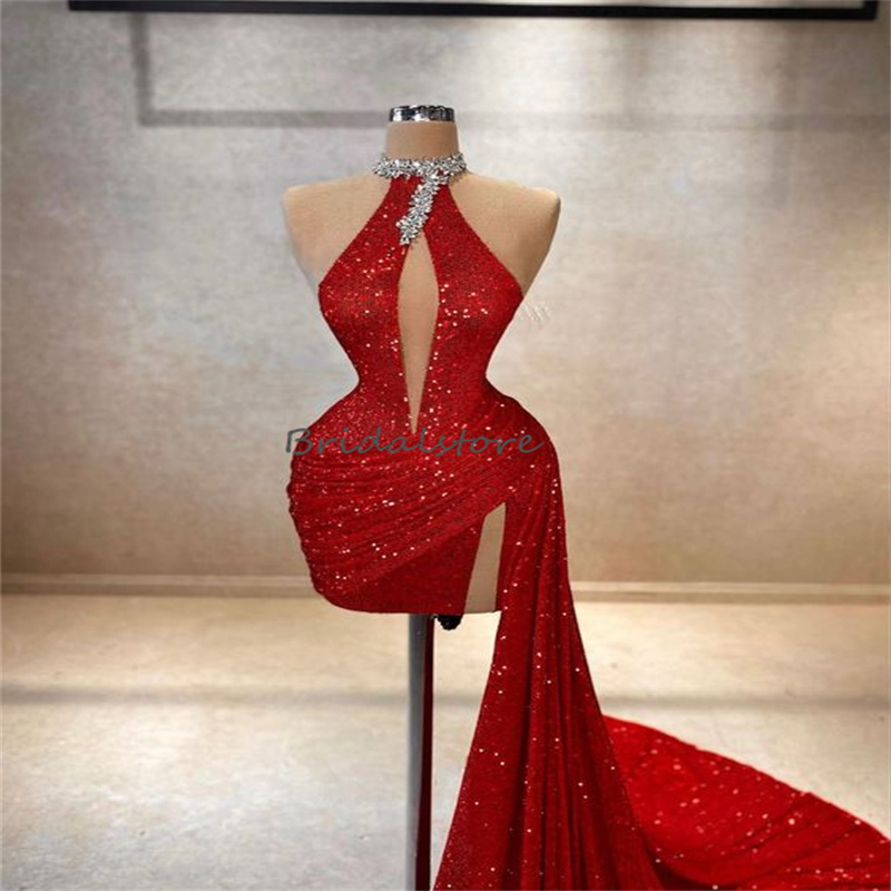 Shine Red Sequin Prom Dress With Train O Neck Sparkly Mini Short Evening Dresses 2024 Beaded Glitter Cocktail Graduation Party Vestios De Gala Formal 