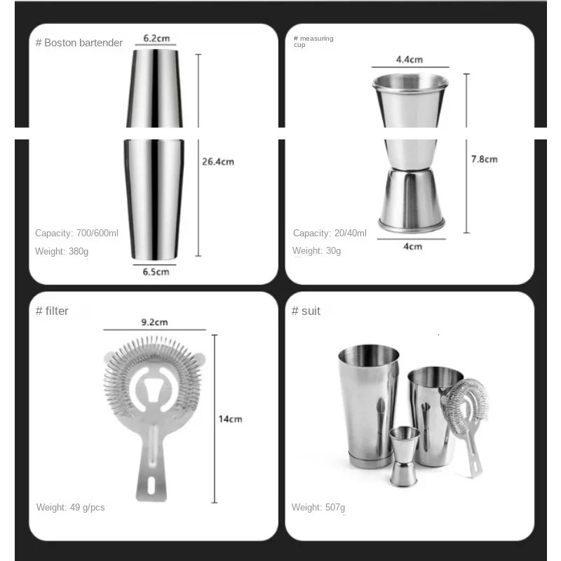 Cocktail Mixer Shaker Set 4pcs Boston Shaker Tins Bartender Kit 18oz 28oz Mixed Drink Shaker Strainer Double Measuring Jigger 240124