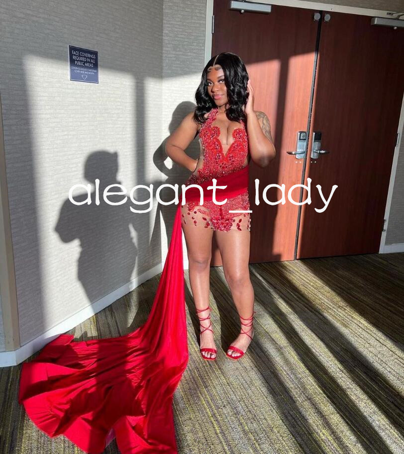 Red Luxury Mini Evening Party Dresses with Side Train Sparkly Crystal Rhinestone Black Girl Birthday Gown robe cocktail femme