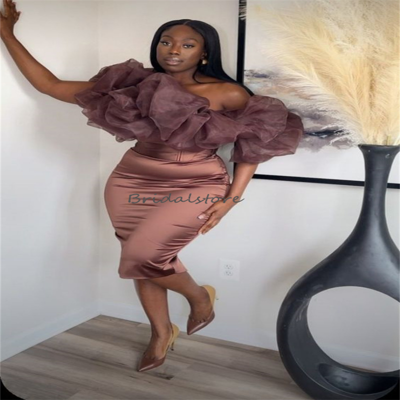 Sexy Brown Tan Evening Dress Chic Knee Length Black Girls Short Prom Dresses Sheath Organza Ruffles Graduation Cocktail Party Robe Mariee Elegant Vest