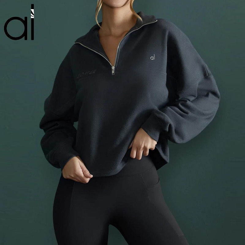 AL Yoga Women Sweatshirts 1/4 Zip Rapid Pullover Loose Hight-Neck Thin Breathable Lightweight Softly French Terry Stretchy Cuffs Jackets Gym Street Sports Coats