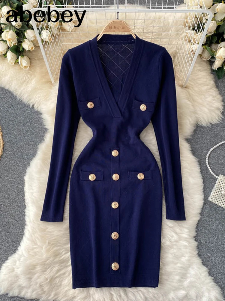 Women Knitted Pencil Dress Korean Long Sleeve V Neck Elastic Slim Dress Autumn Winter Sexy Bodycon Warm Sweater Dress 240126