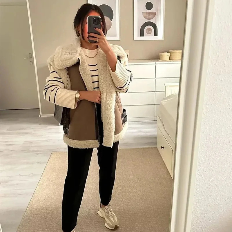 TRAF Fur Vest Warm Women's Vest Sleeveless Jacket Autumn Winter Fashion Female Vest Jacket Coat Leather Fur Vest for Women 240124