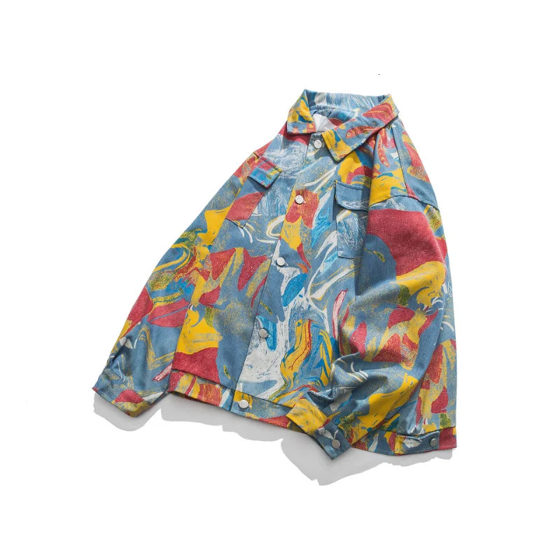 HipHop Vintage Men Denim Jacket Abstract Graffiti Print Street Fashion Ruffian Workwear Coat SpringAutumn Unisex Streetwear 240124