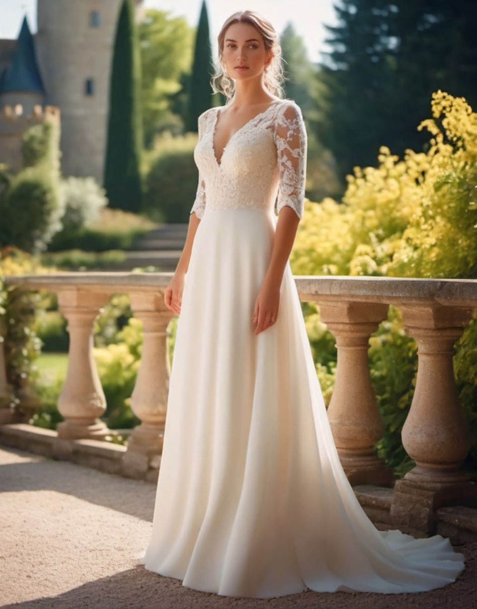 Ivory Wedding Dresses White Bridesmaid Dresses New A Line Formal Custom Lace Up Plus Size Zipper Applique Beaded V-Neck With Half Sleeve Chiffon