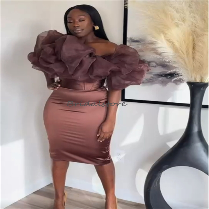 Sexy Brown Tan Evening Dress Chic Knee Length Black Girls Short Prom Dresses Sheath Organza Ruffles Graduation Cocktail Party Robe Mariee Elegant Vest