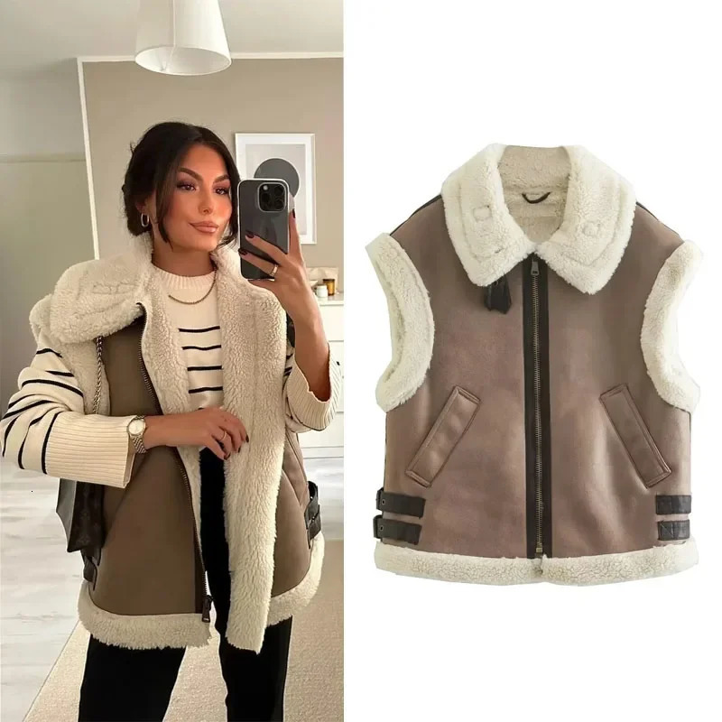 TRAF Fur Vest Warm Women's Vest Sleeveless Jacket Autumn Winter Fashion Female Vest Jacket Coat Leather Fur Vest for Women 240124