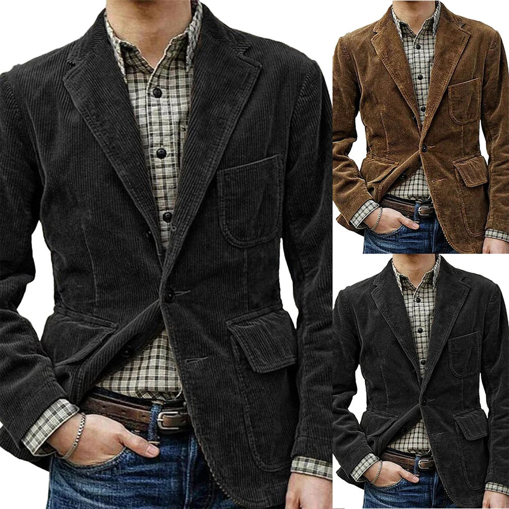 Men Autumn Winter Vintage polyester Slim Button Suit Blazer Business Work Coat Jacket Outwear Casual Fashion Solid Color 240124