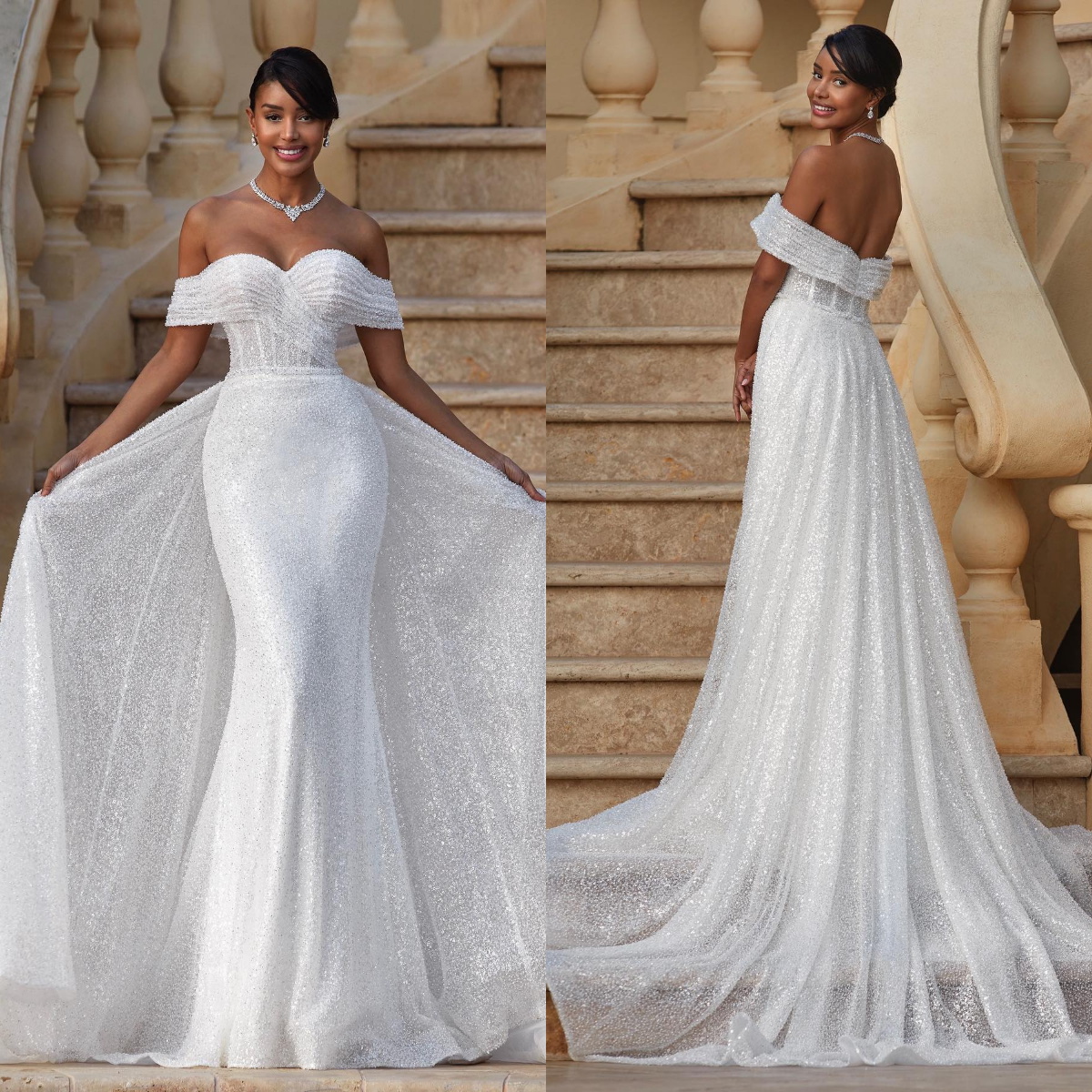 Mermaid Overskirts Wedding Dresses Off The Shoulder Shiny Tulle Bridal Gowns Sleeveless Country robes de mariee