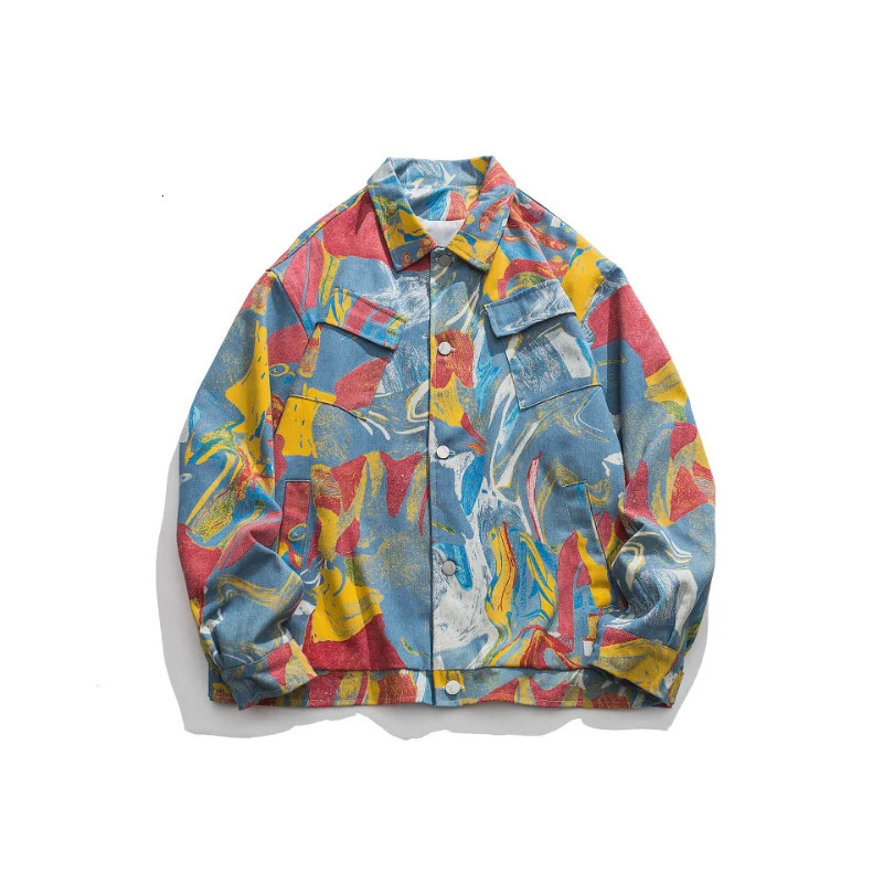 HipHop Vintage Men Denim Jacket Abstract Graffiti Print Street Fashion Ruffian Workwear Coat SpringAutumn Unisex Streetwear 240124