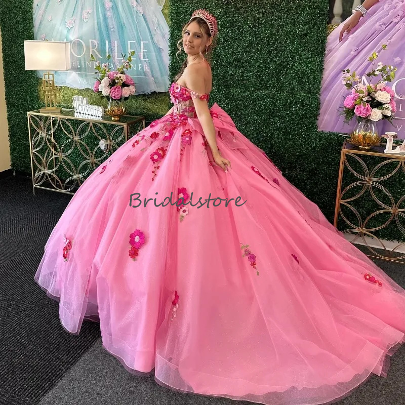 Princess Rose Pink Quinceanera Dresses Off Shoulders Flower Florals Ball Gown Sweet 15 Sixteen Birthday Party Dress Charro Bow Vestidos De xv Debutant