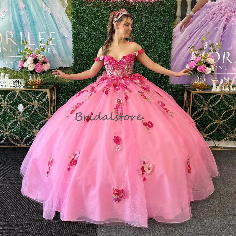 Princess Rose Pink Quinceanera Dresses Off Shoulders Flower Florals Ball Gown Sweet 15 Sixteen Birthday Party Dress Charro Bow Vestidos De xv Debutant