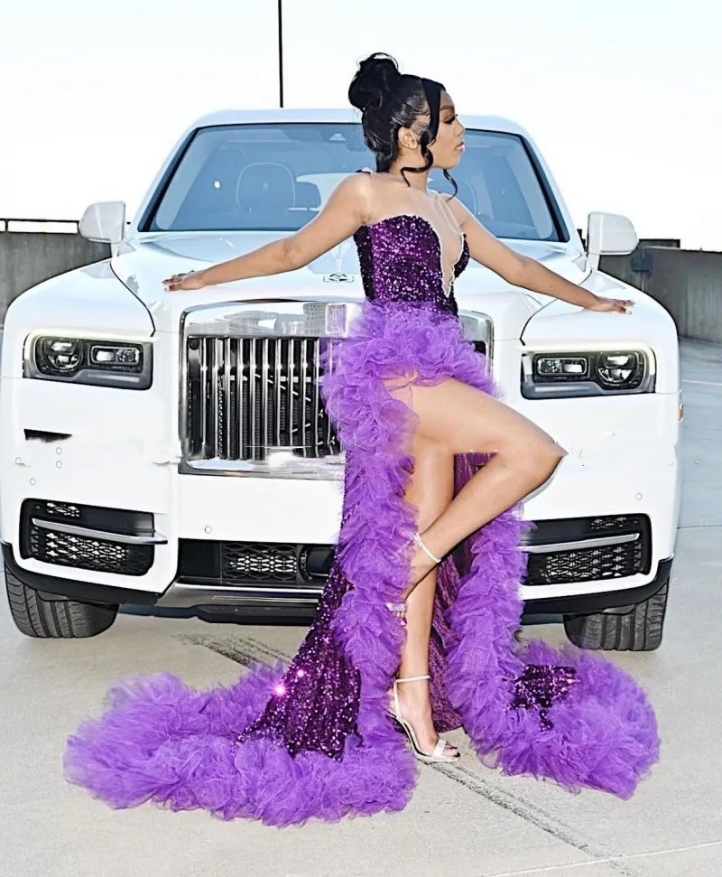 Elegant Purple Prom Dresses For Black Girls 2024 Sequin Mermaid Party Gown Ruffles Evening Dress African Women Vestidos De Festa 0431