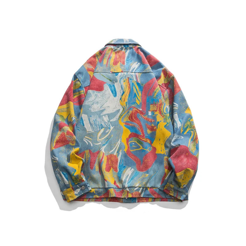 HipHop Vintage Men Denim Jacket Abstract Graffiti Print Street Fashion Ruffian Workwear Coat SpringAutumn Unisex Streetwear 240124