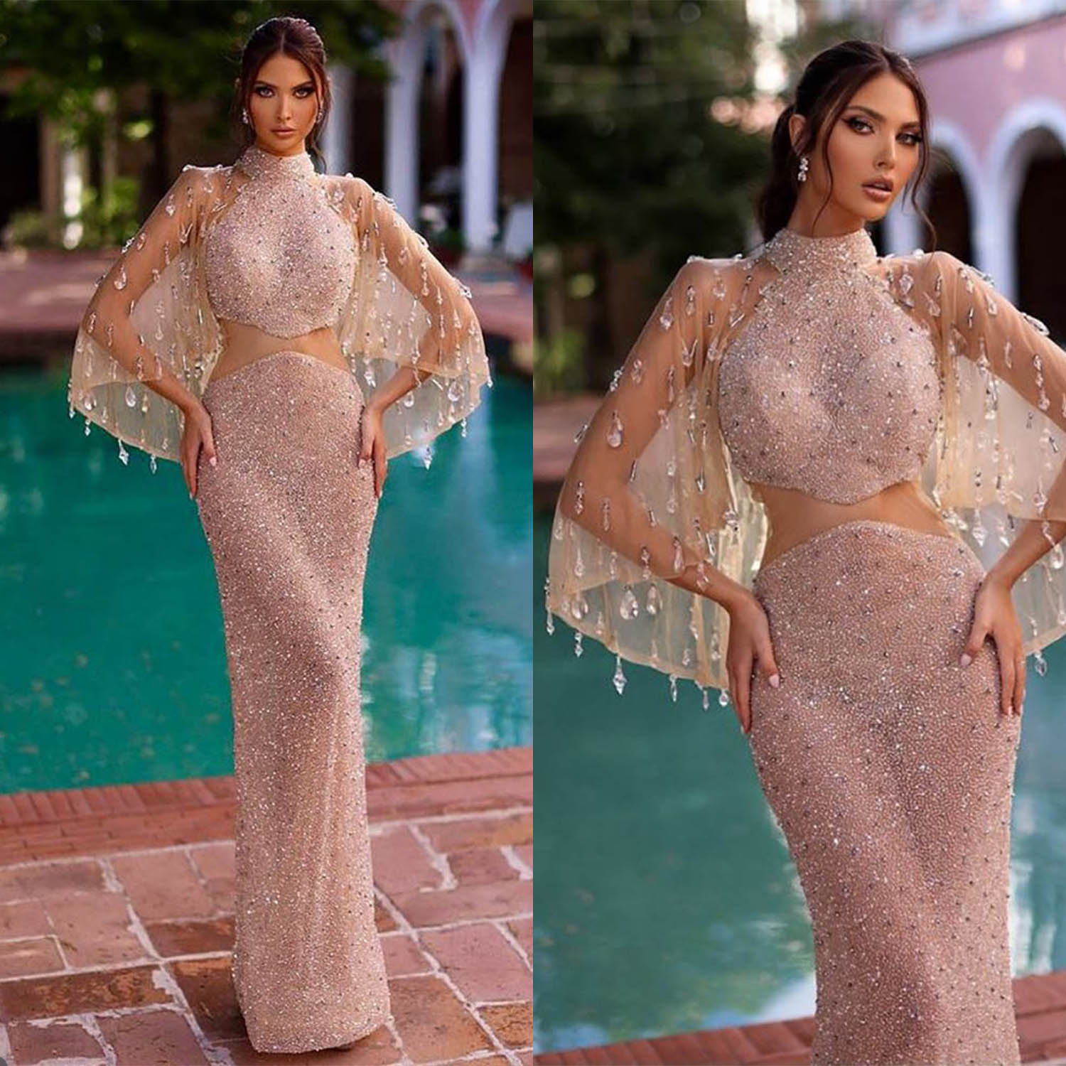 Pink Sequined Mermaid Prom Dresses High Neck Beads Evening Dress Formal Birthday Party Gowns Illusion Wraps