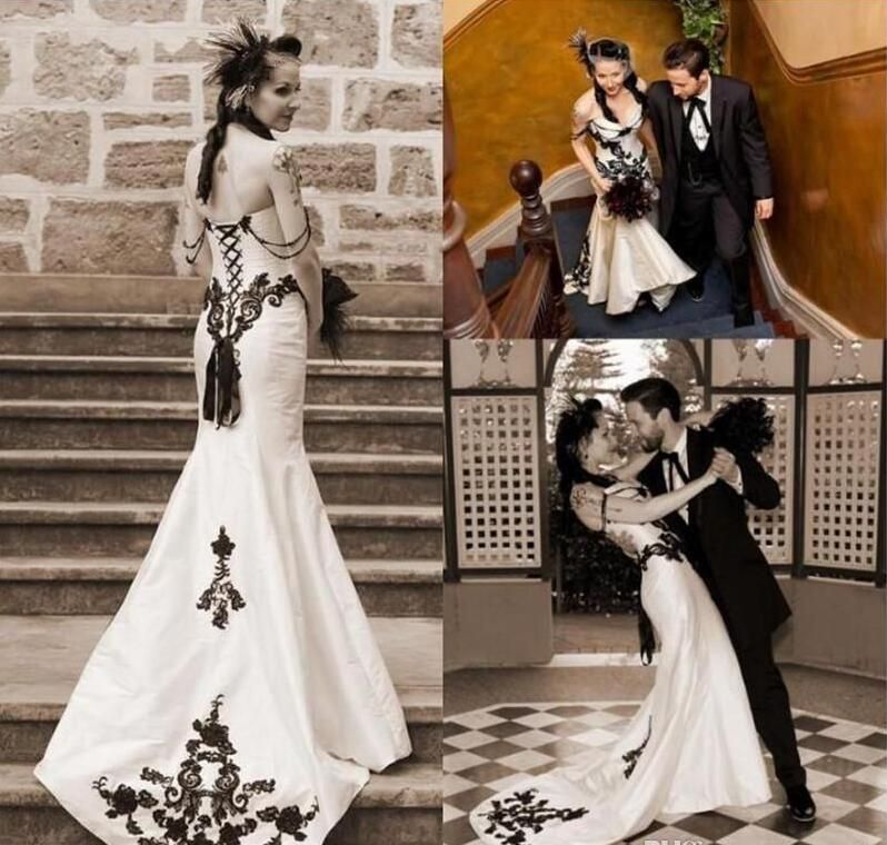 New Vintage White And Black Mermaid Wedding Dresses sweetheart Elegant Lace Applique Beaded Wedding Bridal Gowns robe de mariage Garden Wedding Dresse