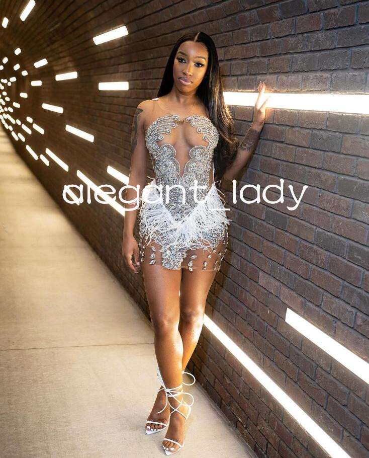 White Luxury Sheer Mesh Short Prom Homecoming Dresses Sparkly Diamond Crystal Birthday Evening Gown vestidos de graduacion