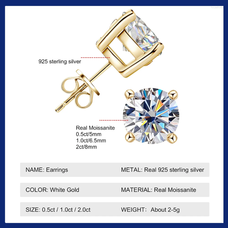 Stud Earrings Real 0.5-2ct Moissanite Dia Sier Original Certified Plated Gold Earring For Women Men Jewelry