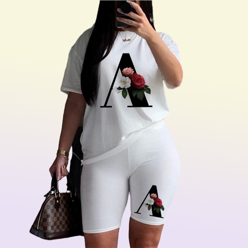 Women Two Piec Set Letter T Shirts And Shorts Set Summer Short Sleeve Oneck Casual Joggers Biker Shorts Sexy Outfit For Woman 220