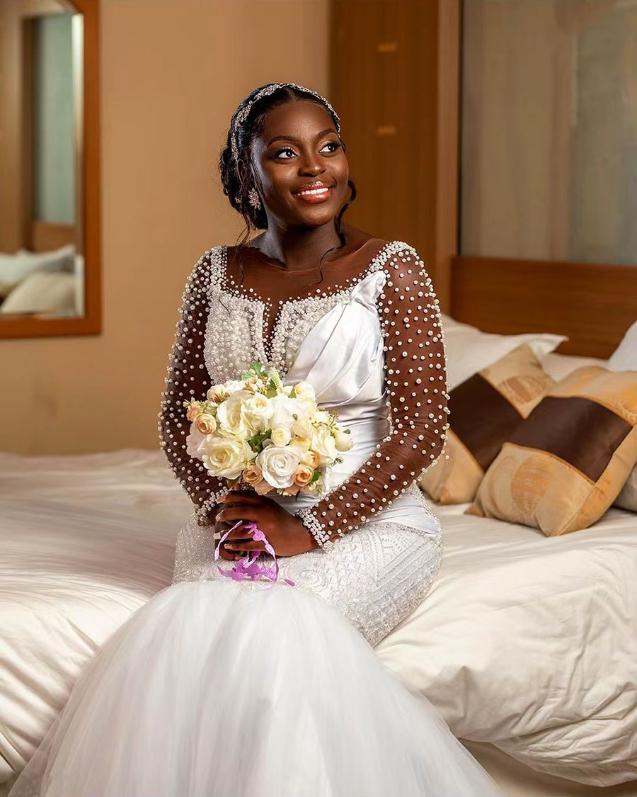 Aso Ebi Arabic Beading Mermaid Wedding Dresses Sheer V Neck Long Sleeves Bridal Gowns Vestidos Custom Made African Lllusion Pearls Beads Robe De Marie