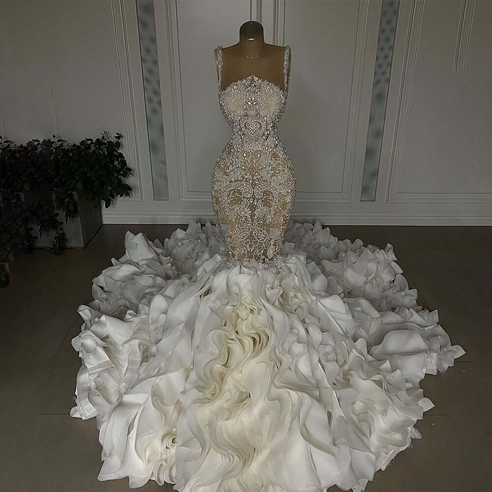 Gorgeous Mermaid Bridal Gowns Pearls Appliques Wedding Dress Spaghetti Straps Tiered Puff Made Bride Dresses Sweep Train 0219