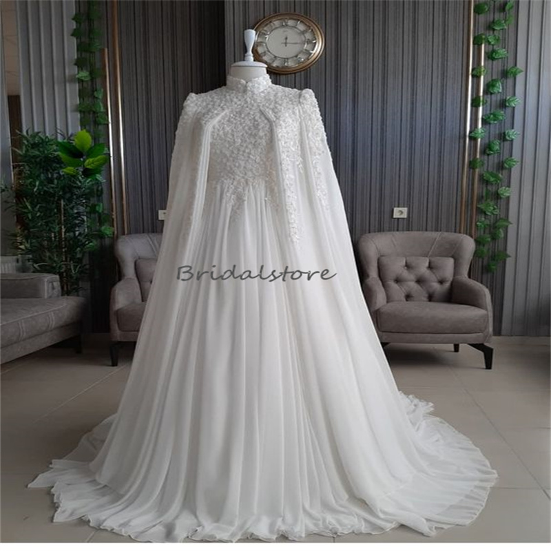 Elegant Muslim Wedding Dress Caucasian Elegant High Neck Beaded Lace Islamic Princess Bridal Dresses With Caped Chiffon Bride Vestios De Novia Robe De