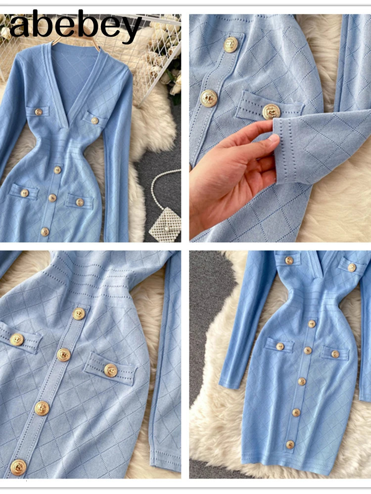 Women Knitted Pencil Dress Korean Long Sleeve V Neck Elastic Slim Dress Autumn Winter Sexy Bodycon Warm Sweater Dress 240126