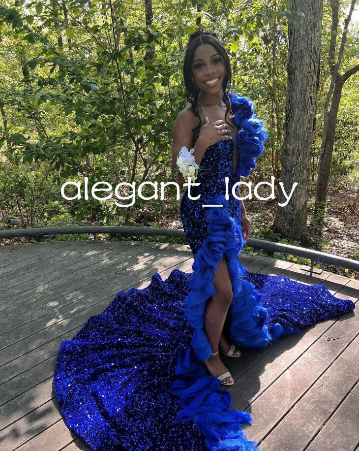 Royal Blue Sparkly Trumpet Evening Birthday Dresses Luxury Velvet Ruffles Shoulder Slit Prom Ceremony Gown for Black Girl