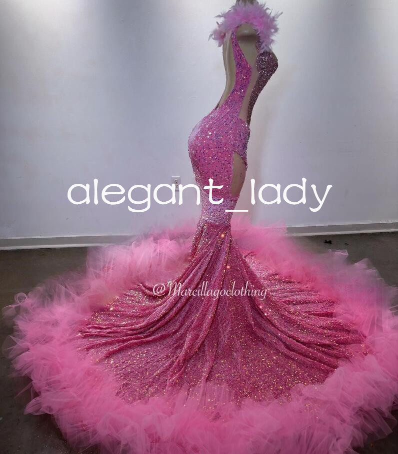 Sparkly Pink Mermaid Prom Queen Birthday Dresses for Women Luxury Diamond Crystal Feather Evening Ceremony Gown Black Girl
