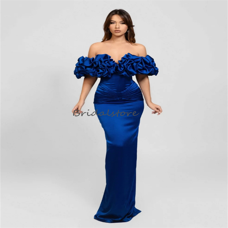 Elegant Royal Blue Mermaid Prom Dresses 2024 Ruffles Off Shoulders Satin Floor Length Evening Dress Sexy Formal Special Occasion Birthday Party Vestio