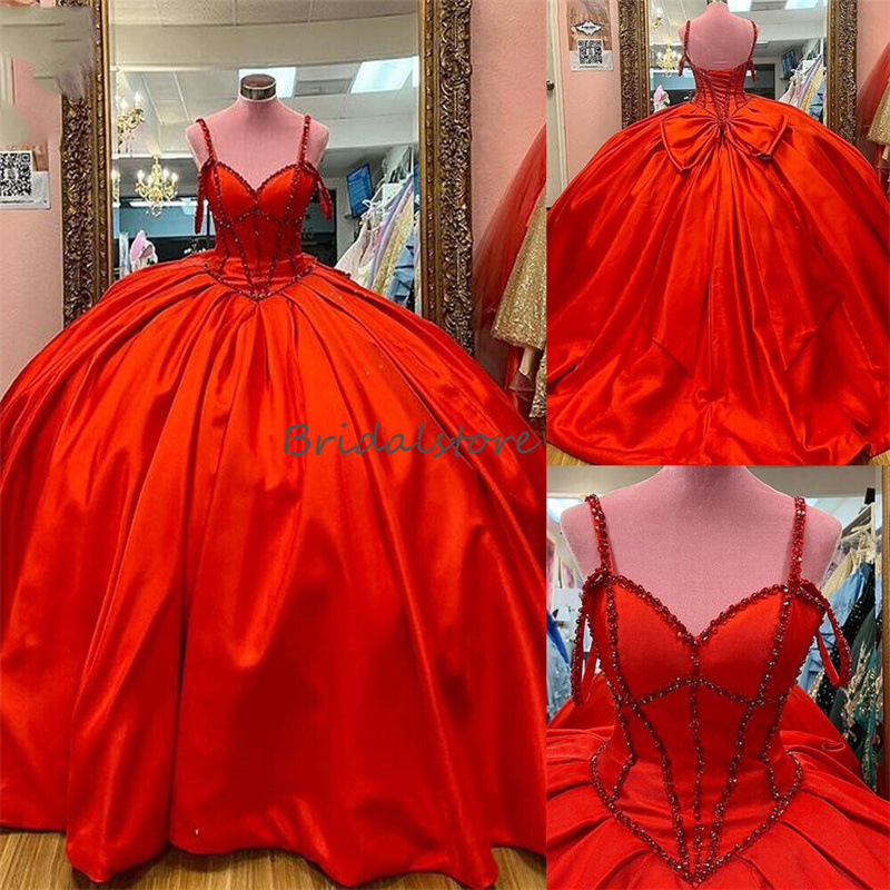 Elegant Red Beaded Quinceanera Dresses Ball Gown Off Shoulder Spaghetti Straps Formal Birthday Dress Corset Vestidos De xv 15 Anos Charro Debutante Me