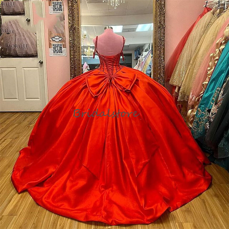 Elegant Red Beaded Quinceanera Dresses Ball Gown Off Shoulder Spaghetti Straps Formal Birthday Dress Corset Vestidos De xv 15 Anos Charro Debutante Me