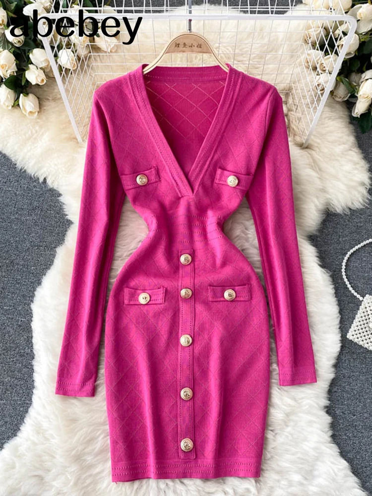 Women Knitted Pencil Dress Korean Long Sleeve V Neck Elastic Slim Dress Autumn Winter Sexy Bodycon Warm Sweater Dress 240126