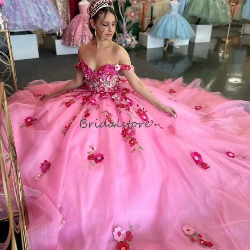 Princess Rose Pink Quinceanera Dresses Off Shoulders Flower Florals Ball Gown Sweet 15 Sixteen Birthday Party Dress Charro Bow Vestidos De xv Debutant