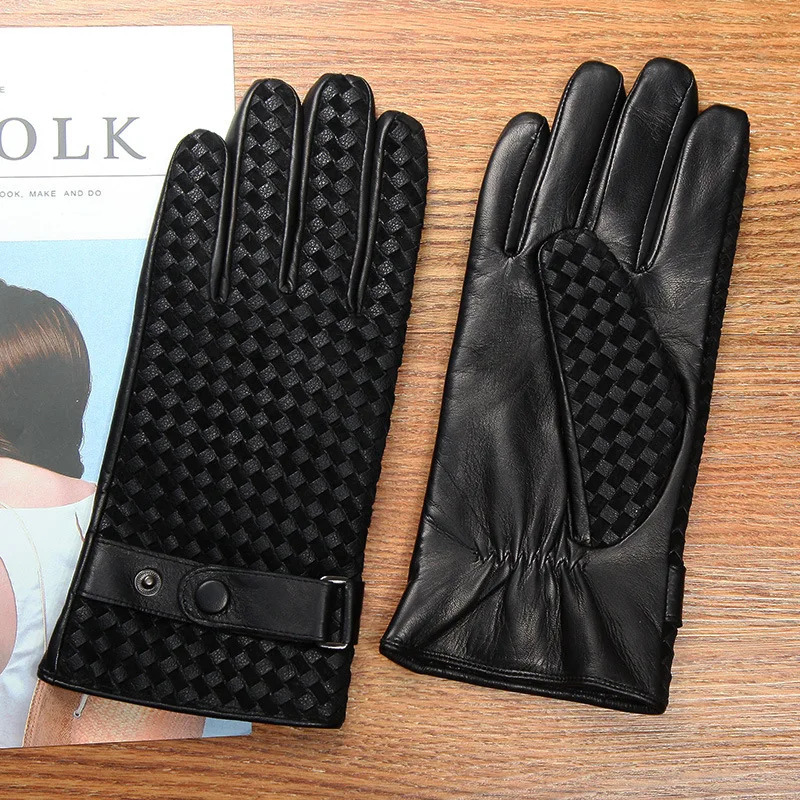 Real Leather Men Gloves Autumn Winter Thermal Plushed Lining Hand-made Woven Sheepskin Driving Gloves Male D0130 240201