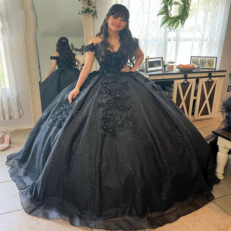 Vintage Black Quinceanera Dresses With 3D Florlas Elegant Off Shoulders Lace Up Mexican Ball Gown Fifteen Birthday Party Dress 2024 Charro Vestido De 