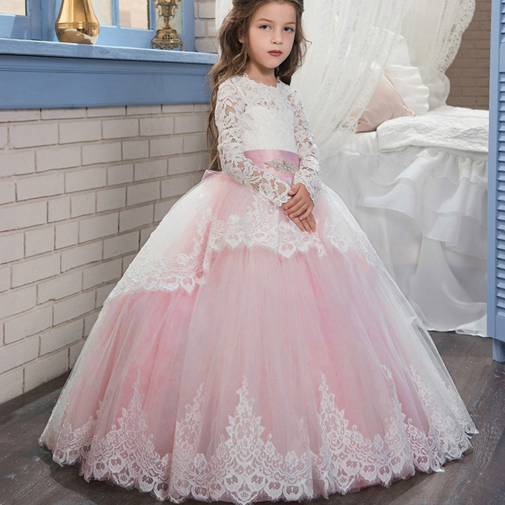 2024 Lovely pink white wer Girl Dresses Wedding Sheer Neck Ball Gown Kids Birthday Party Gowns Beaded Bow Tie Toddler Wears Lace Skirts Girls Pageant 