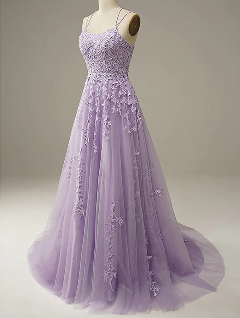 2025 Elegant Light Purple Evening Banquet Dress for Women Spaghtti Straps Lace Appliques Tulle A-line Prom Formal Party Gowns Robe De Soiree