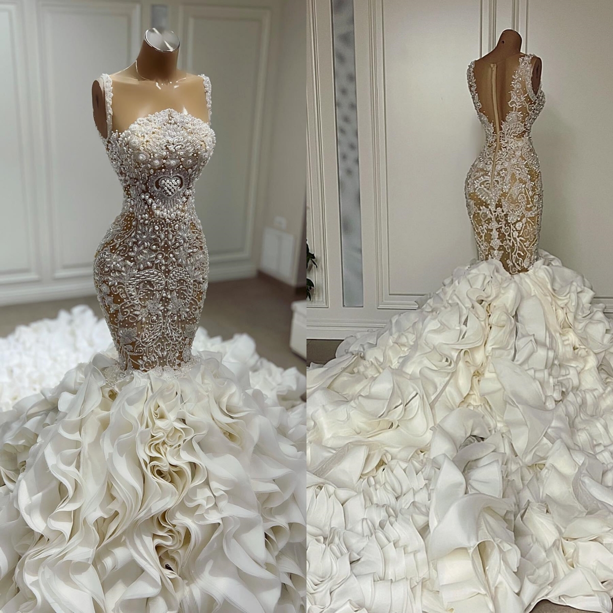 Gorgeous Mermaid Bridal Gowns Pearls Appliques Wedding Dress Spaghetti Straps Tiered Puff Train Made Bride Dresses Sweep Train